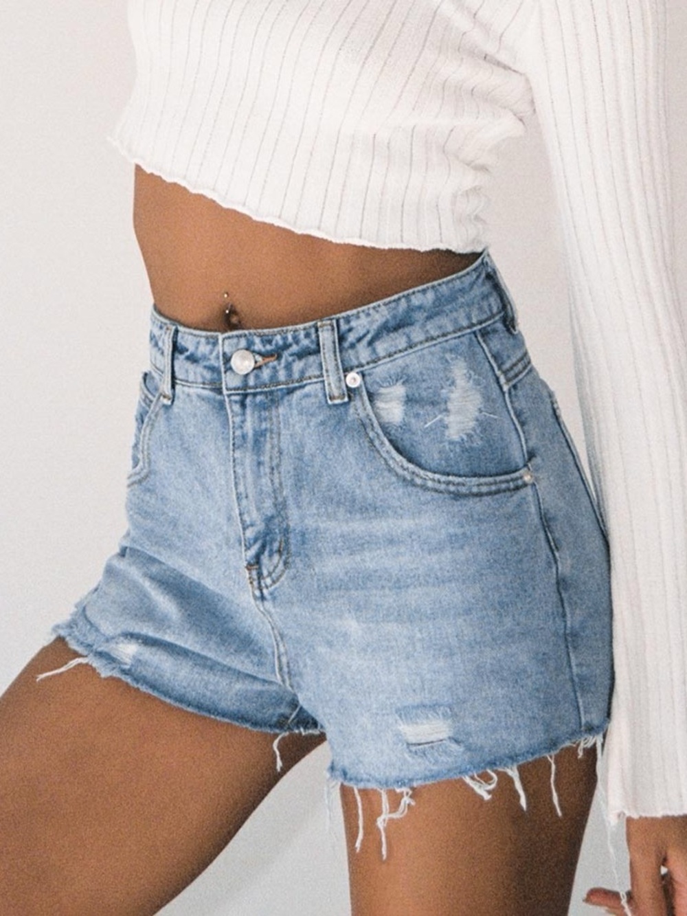 Princess Polly Light Blue Distressed High-Waist Denim Shorts